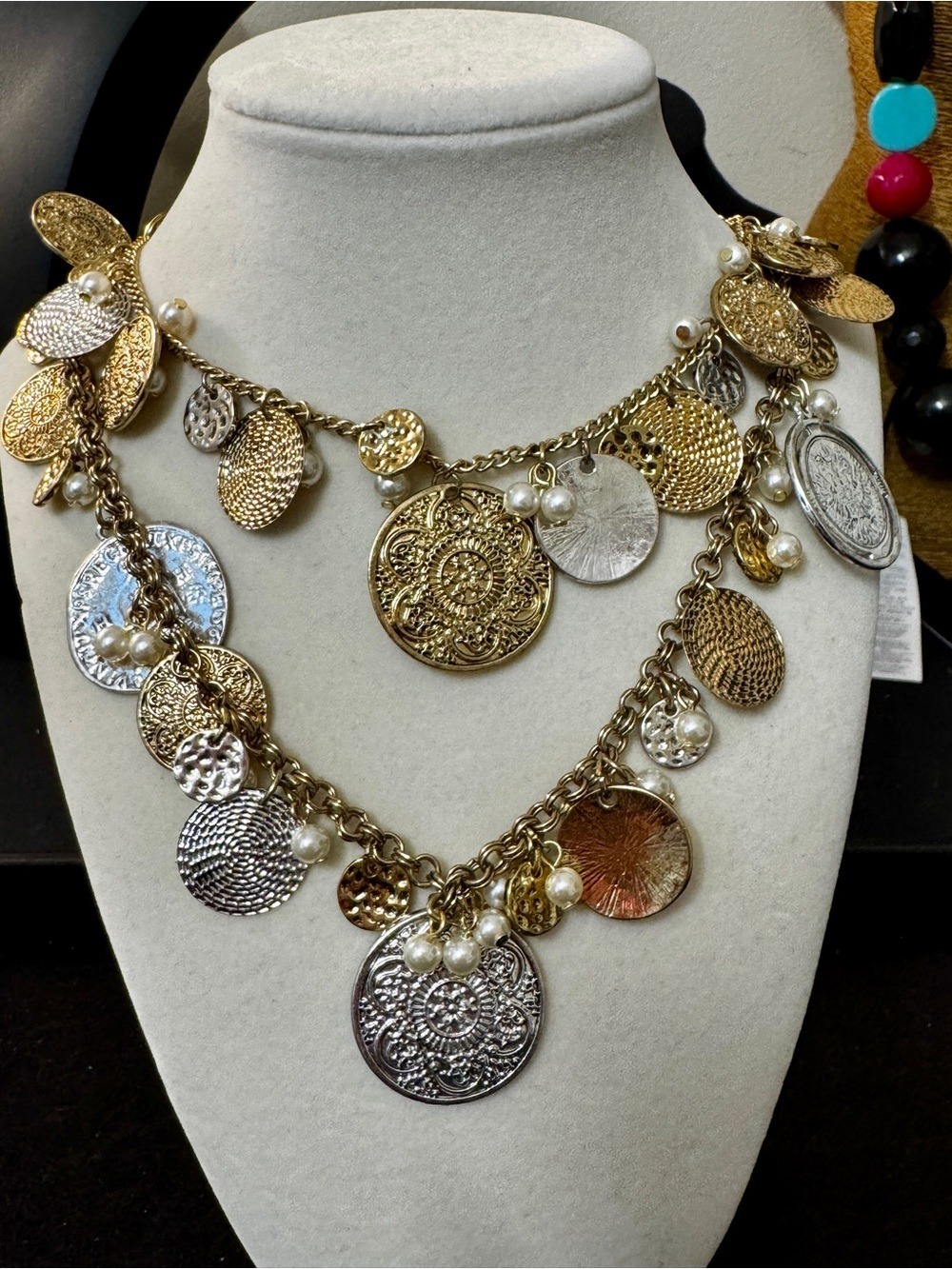 Badgley Mischka Two-Tone Gold and Silver Coin Charm Necklace with Pearls
